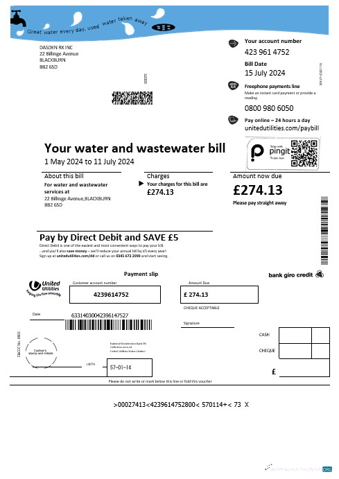 United Kingdom United Utilities water business utility bill template in Word and PDF formats